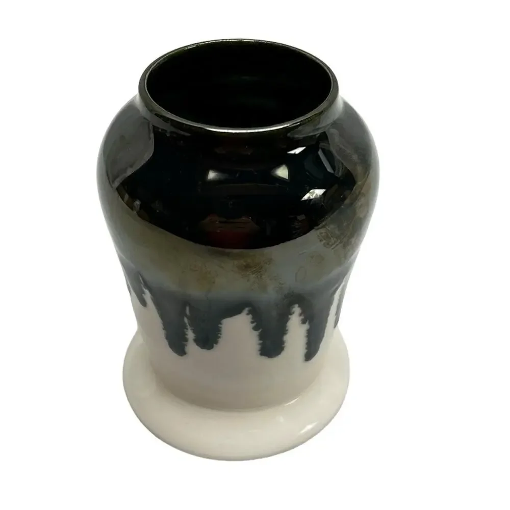 Hand Crafted Art Pottery Vase Drip Metallic Glaze 5 1/2" Teal Tone Lined Branded - Picture 1 of 9